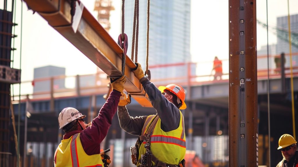 Construction workers securing steel beam at building site wearing safety gear and helmets Construction workers securing steel beam at building site wearing safety gear and helmets