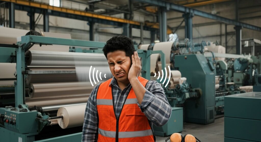 Factory worker suffering hearing loss from loud machinery noise in industrial workplace.